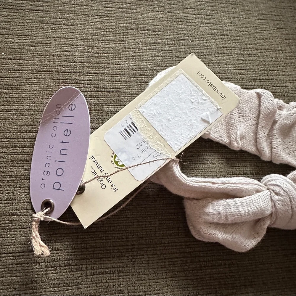 L’ovedbaby Organic Cotton Pointelle Oatmeal Beige Tie Headband 6-12 Months NWT